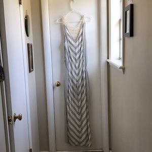 Grey and White Striped Maxi Dress with Lace Detail